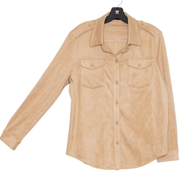 NWT Tahari Top Faux Suede Western Cottage Minimalist Neutral Button Up Tan Large - Picture 7 of 7